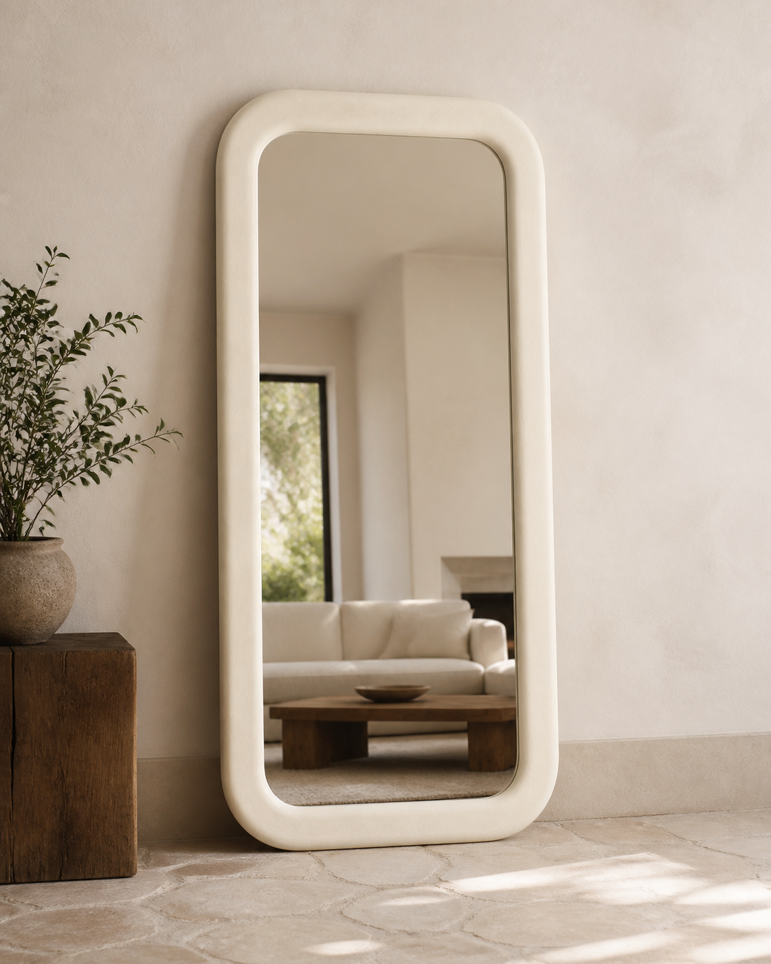 The Rounded Rectangle Mirror in a styled interior